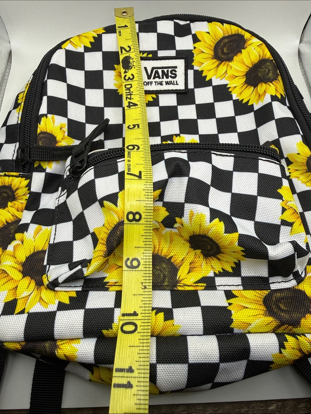 Vans Black/White Checkered Mini Backpack with Yellow Sunflowers Backpack - Picture 2 of 6